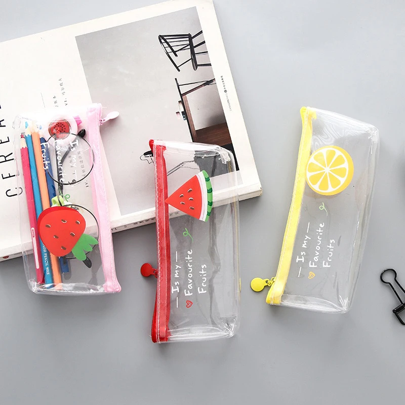 

Kawaii Pencil Case Fruit Transparent PVC Pencil Case Waterproof Stationery Storage Organizer Bag School Office Supply