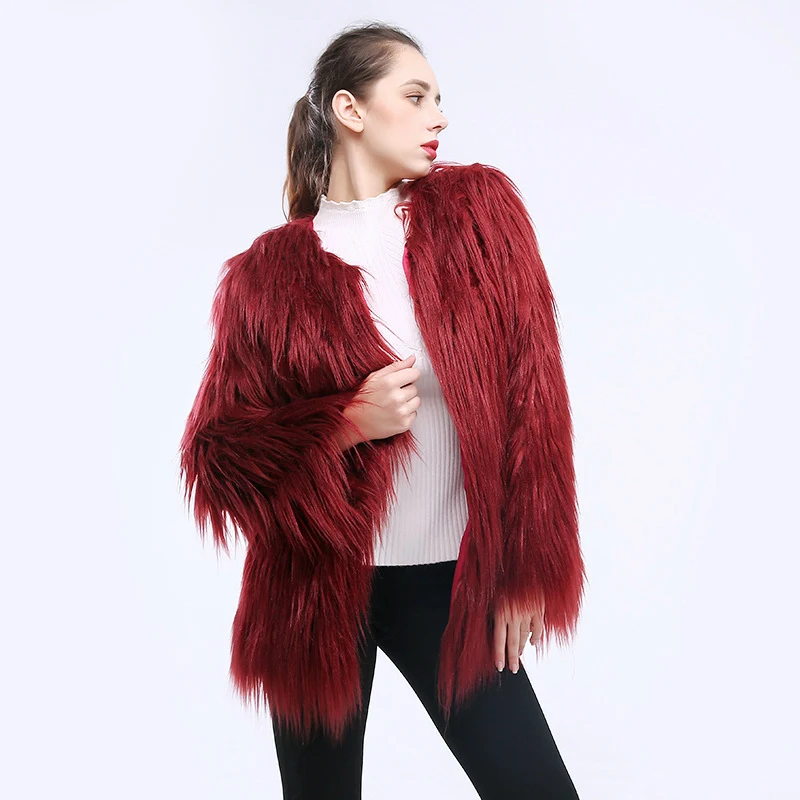 

Fashion Faux Fur Coat Woman Long Hair Overcoat Winter Wine Red Furry Coat Elegant Plus Size Xxxl Girls Fluffy Jacket Streetwear