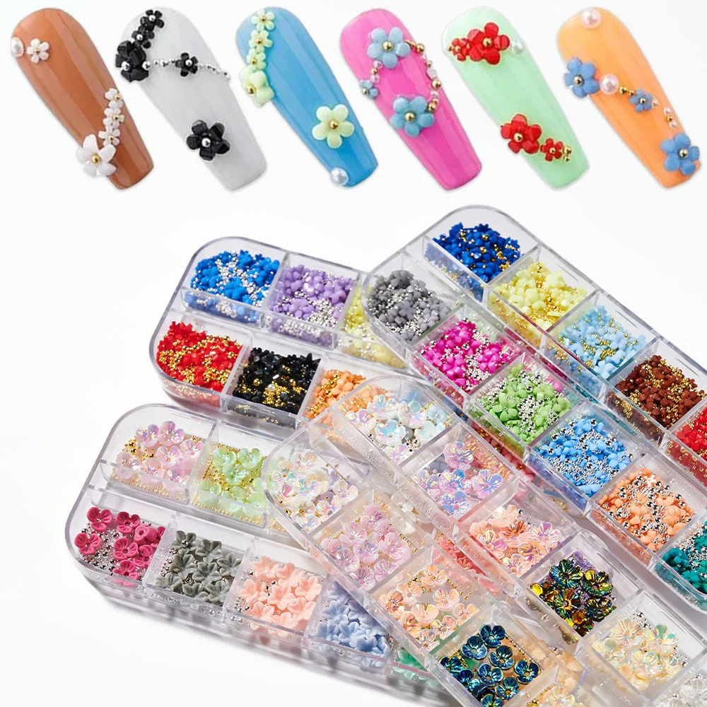 

12Grids 3D Acrylic Flower Nail Parts Aurora Seashell Flower Manicure Charms Kawaii Nail Supplies For Professional Accessories*&-