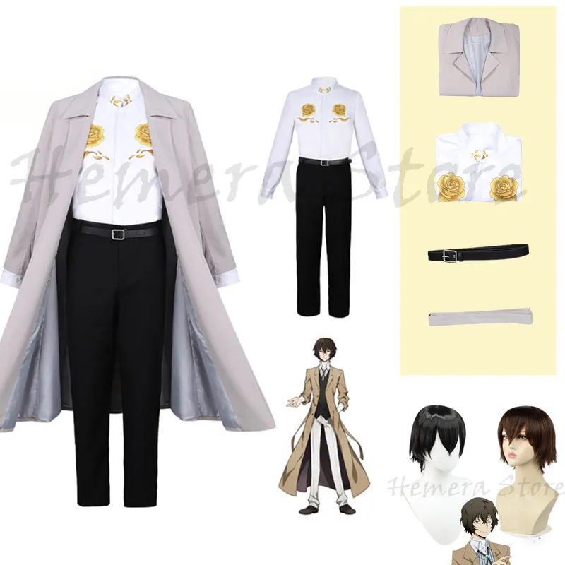 

Anime Bungo Stray Dogs Dazai Osamu Cosplay Men Detective Agency Trench Shirt Trousers Waistband Belt Stage Wig Carnival Costume