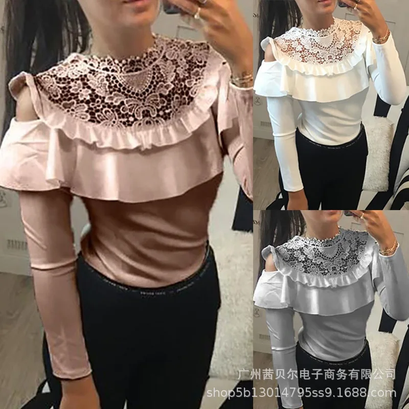 

2023 New Solid Loose Round Neck Lace Panel Ruffle Edge Long Sleeve Women's T-shirt Women's Wear