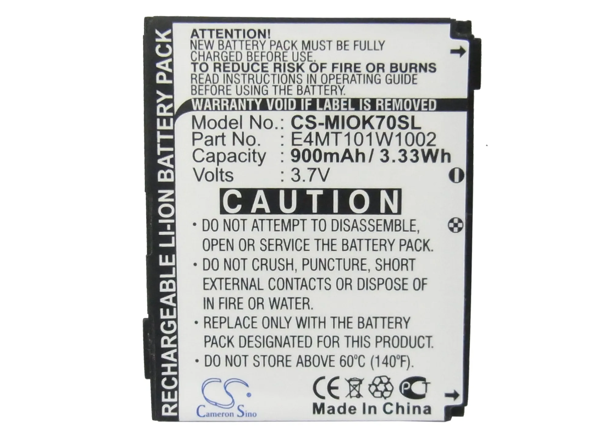 Аккумулятор CS 900mAh / 3.33Wh для Mitac Mio Explore A K70 K75 338937010173 E4MT101W1002 |