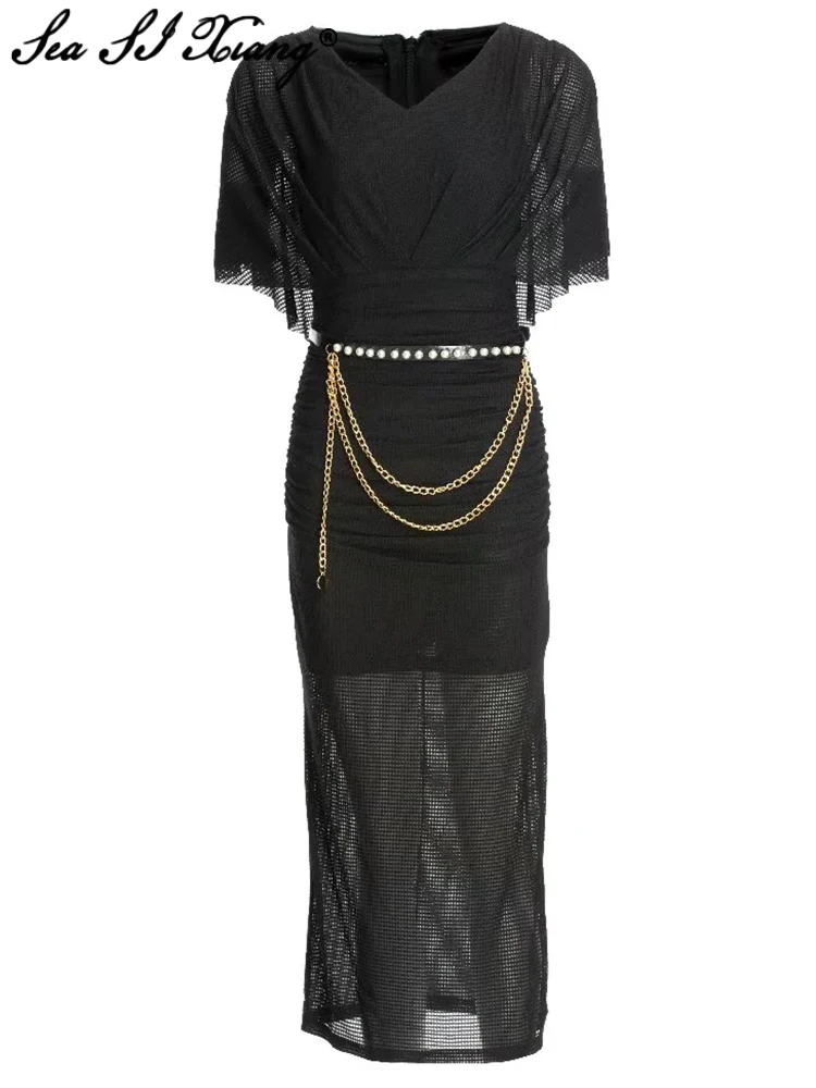 

Seasixiang Fashion Designer Summer Pencil Dress Women O-Neck Flare Sleeve Beading Sashes Hollow Out Solid Midi Dresses