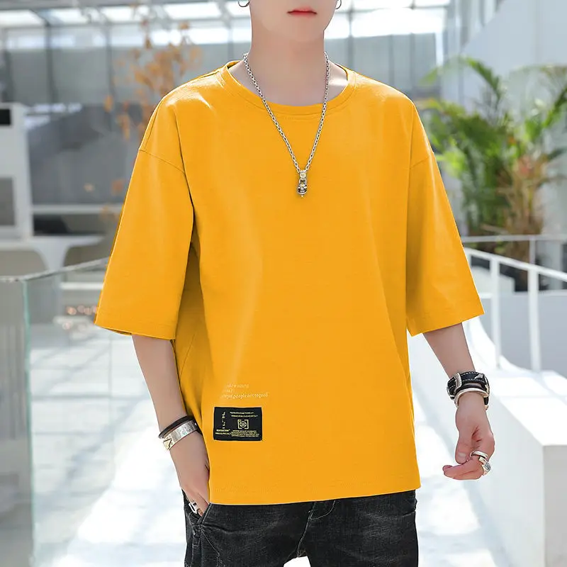 

Мужская свободная футболка с круглым вырезом, Повседневная Однотонная футболка большого размера с принтом в Корейском стиле, лето 2023