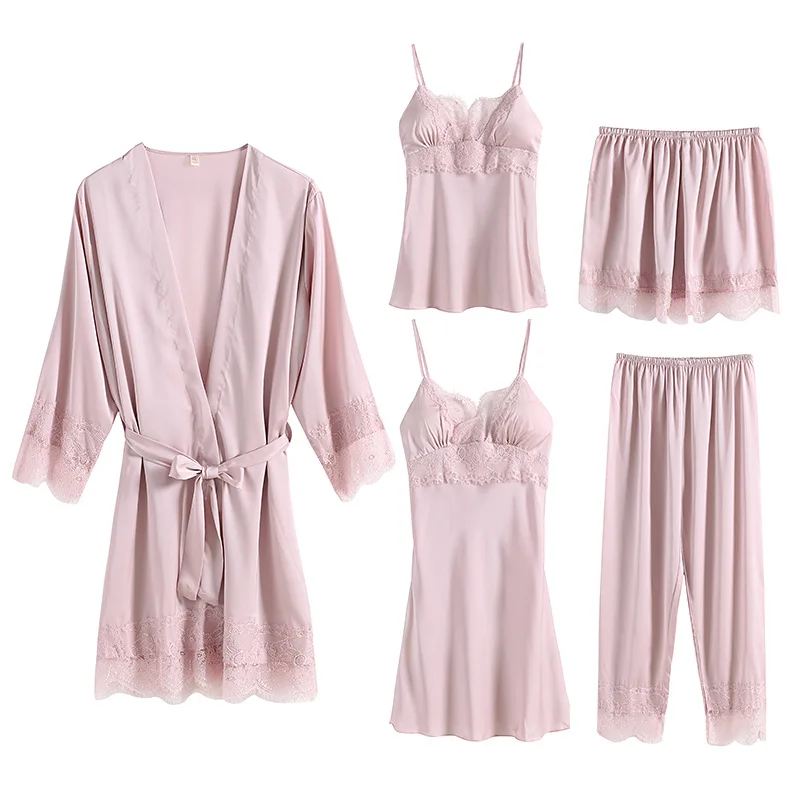 Lace Pajama Sleeveless Pyjamas Shorts Long Set Pijama Mujer Suit Women Nighties Sexy Sleepwear 5 Pieces