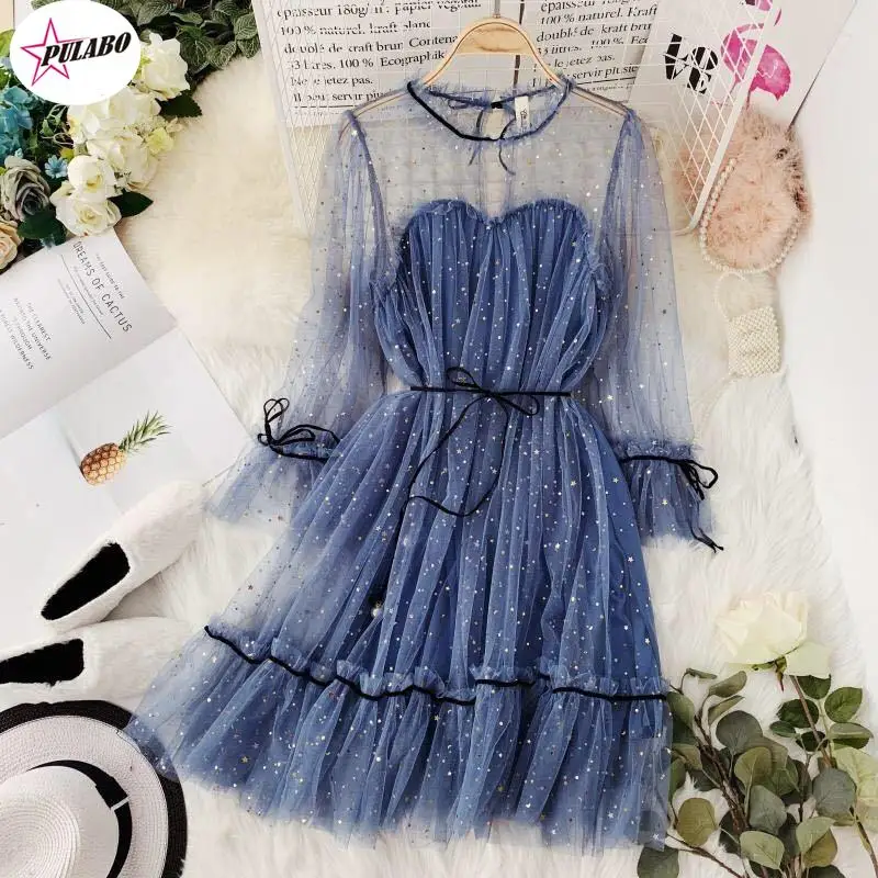 PULABO женское сетчатое блестящее платье со звездами и блестками элегантное