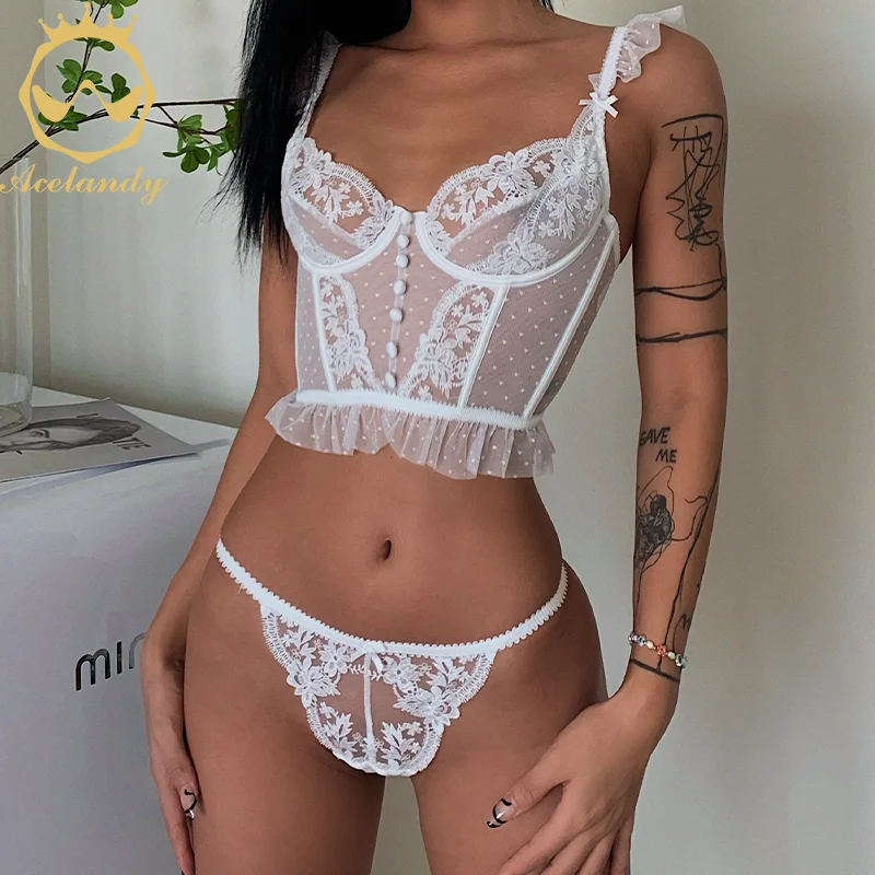 

ACELANDY-Sexy Lingerie Women Underwear Push Up Brassiere Lace Transparent Bra Panty Sets Wedding White Thin Low Waist Thong