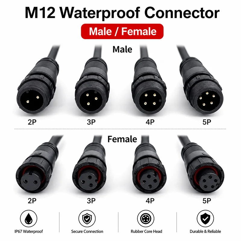 Фото 5/20 шт. водонепроницаемых разъемов M12 IP67 с 2, 3, 4, 5 контактами для светодиодных лент, штекер и гнездо, длина 20 см, с резиновым сердечником №2