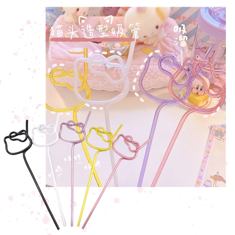 

Anime Cute Sanrioed Kittly Doll Shape Colored Straws Kawaii Creative Cat Shape Drink Water Straws Juice Straws Party Bar Straws