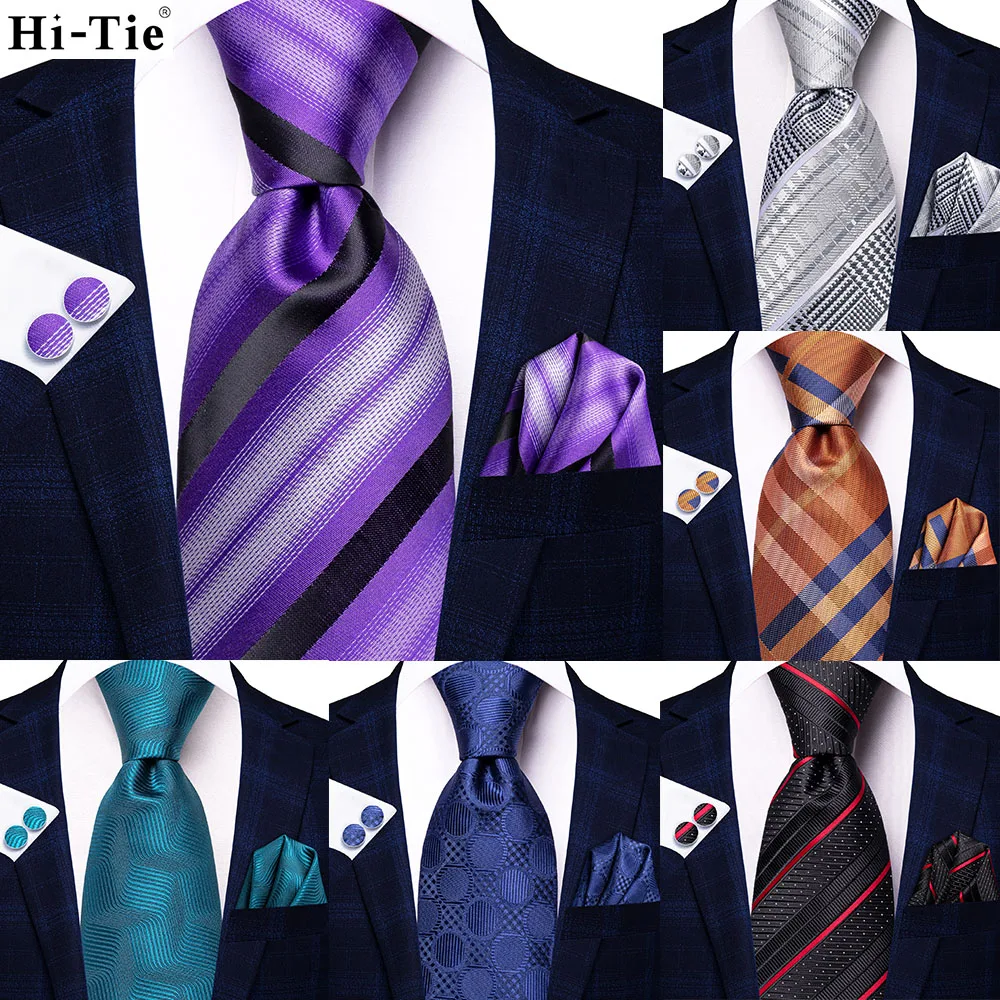 

Purple Black Striped Silk Wedding Tie For Men Handky Cufflink Gift Men Necktie Fashion Business Party Dropshiping Hi-Tie Design