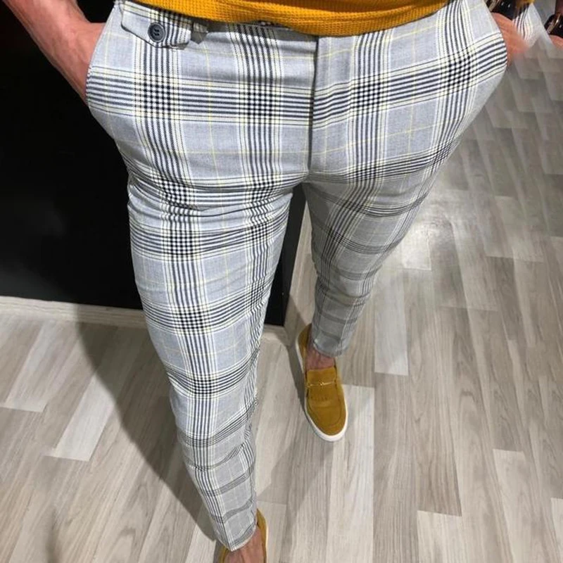 

Fashion Mens Slim Fit Trousers Check Casual Pants Joggers Tartan Jogging Skinny Bottoms New Plus Size 2020Men Trousers