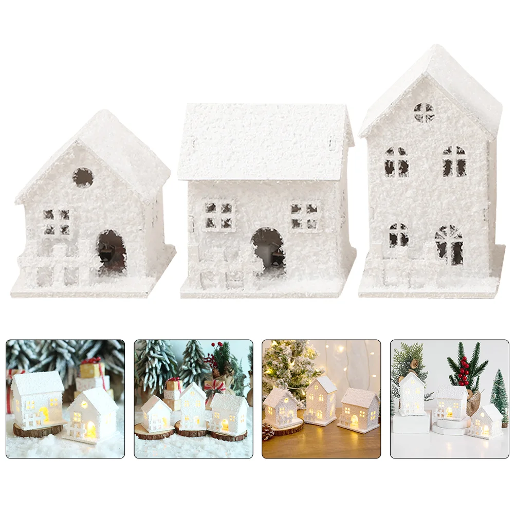 

3 Pcs Christmas House Glow Cabin Decor Mini Houses Tree Xmas Adornment Wood Craft Wooden Child