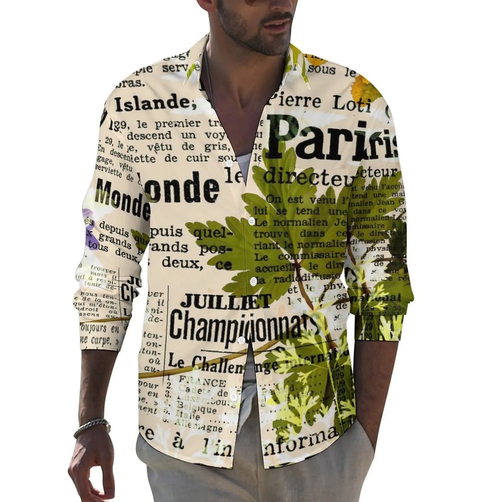 

Vintage Newspaper Shirt Mens Herbarium Print Casual Shirts Spring Funny Design Blouses Long Sleeve Fashion Oversized Tops Gift