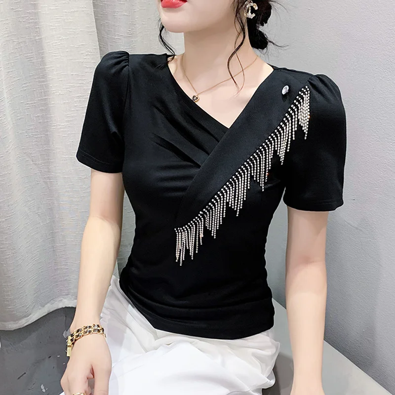 

Женская Асимметричная футболка #6592, черная, белая, Красная футболка с косым воротником, офисная короткая хлопковая футболка с коротким рука...