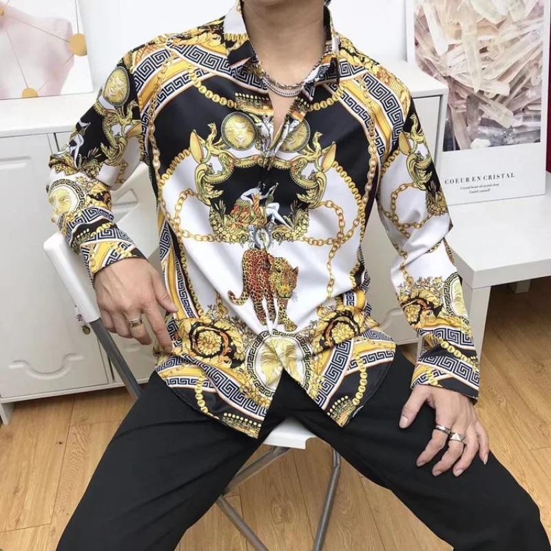 

Spring and Autumn New European American3DLeopard PrintinsInternet Celebrity Same Luxury Men's Long Sleeve Shirt