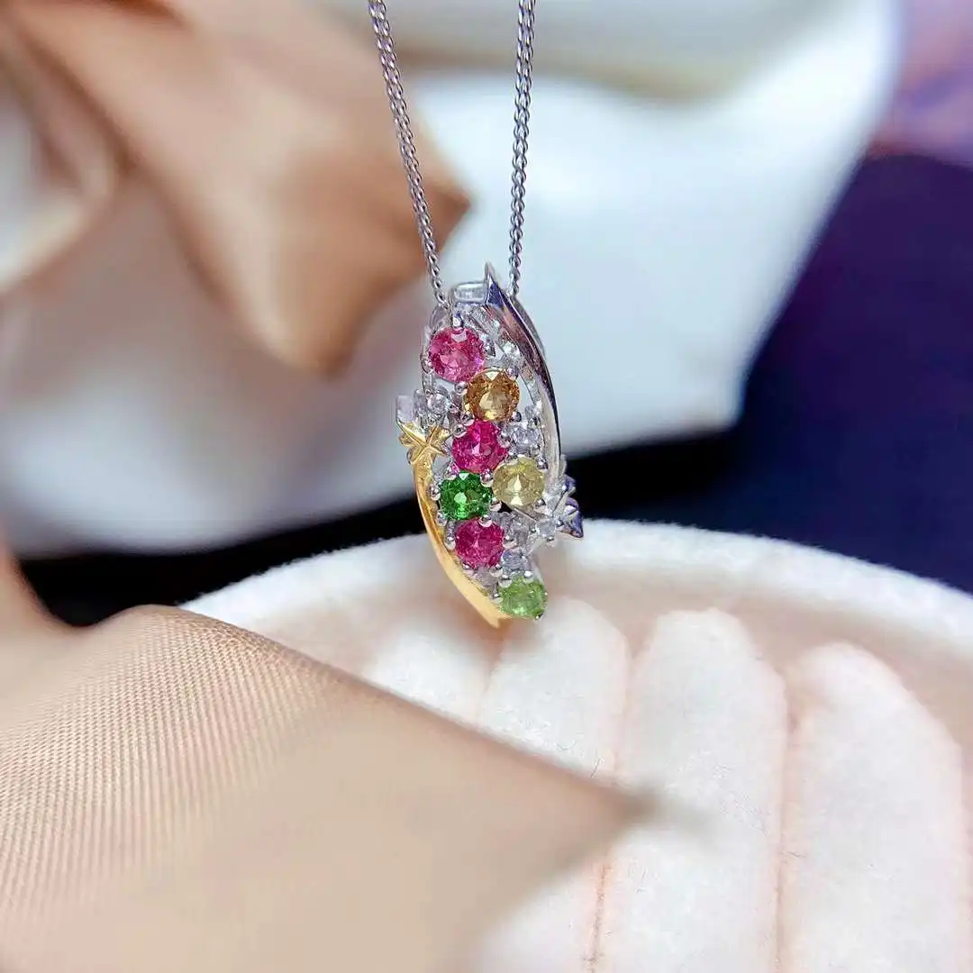 

Lucky fortune bean stars ship Natural pink Tourmaline Necklace natural gemstone Pendant Necklace S925 silver girl gift Jewelry