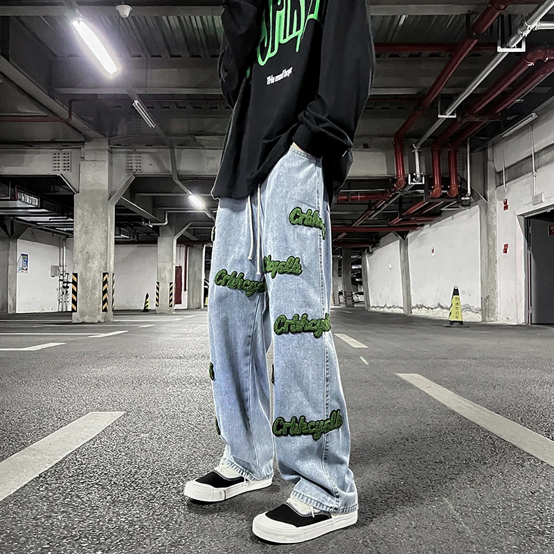 

2022 Spring and Autumn Letters Men and Women Couples Retro Wide Legs Street Loose Straight All-match Casual Jeans