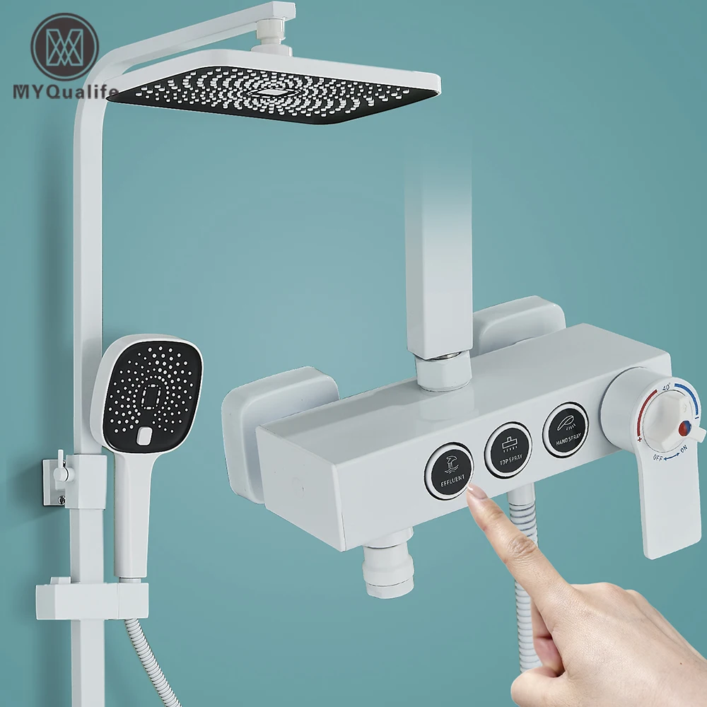 

White Thermostatic Shower Faucet Fixed Temperature 3 Way Key Rainfall System Bathtub Tap With Big Showerhead Bathroom Shelf