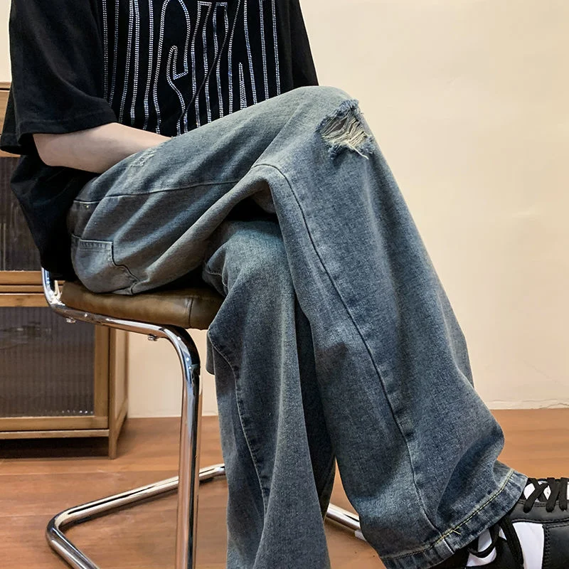 Summer Blue Ripped Jeans Men Fashion Casual Hole Baggy Jeans Men Streetwear Hip Hop Loose Straight Denim Pants Mens Trousers