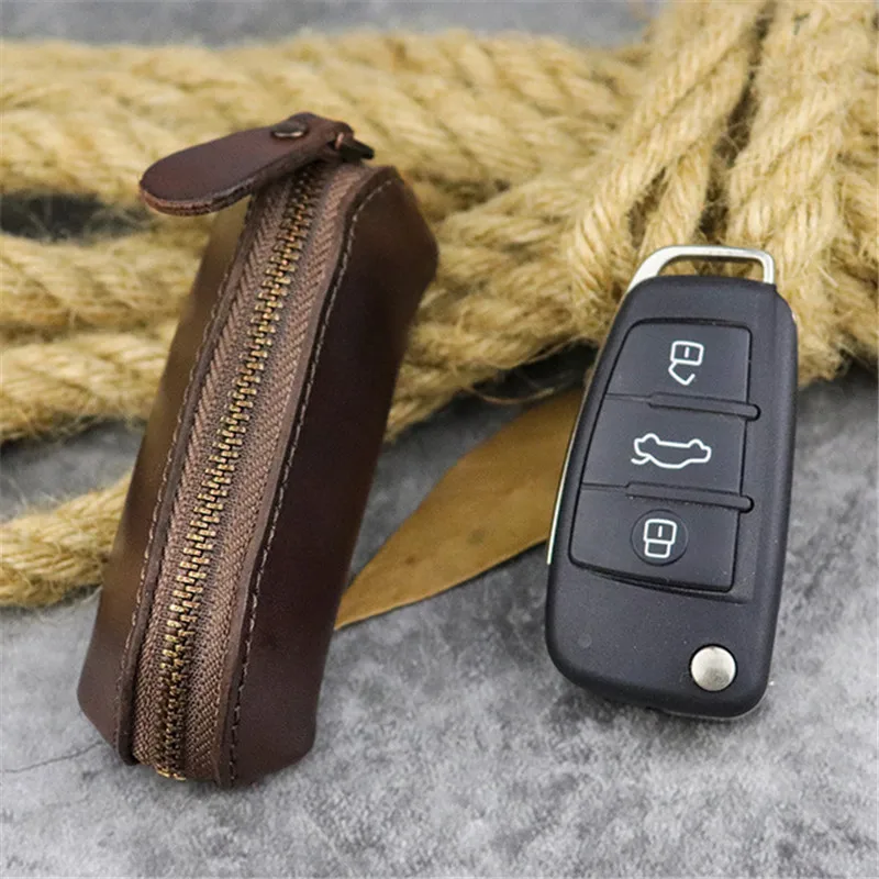 Retro casual high quality natural real leather men's and women's universal zipper car key case mini cute waist hanging bag