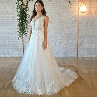 boho lace appliques sleeveless tulle v neck wedding dress illusion open back a line sweep train bride gown bayika robe de mari%c3%a9e