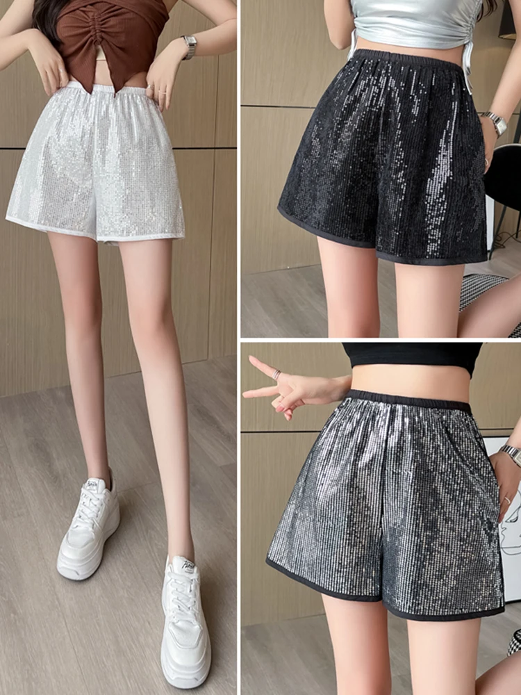 Women's Summer Bling Bling Sequins Shorts Lady Streetwear High Waist Wide Leg A Line Shorts