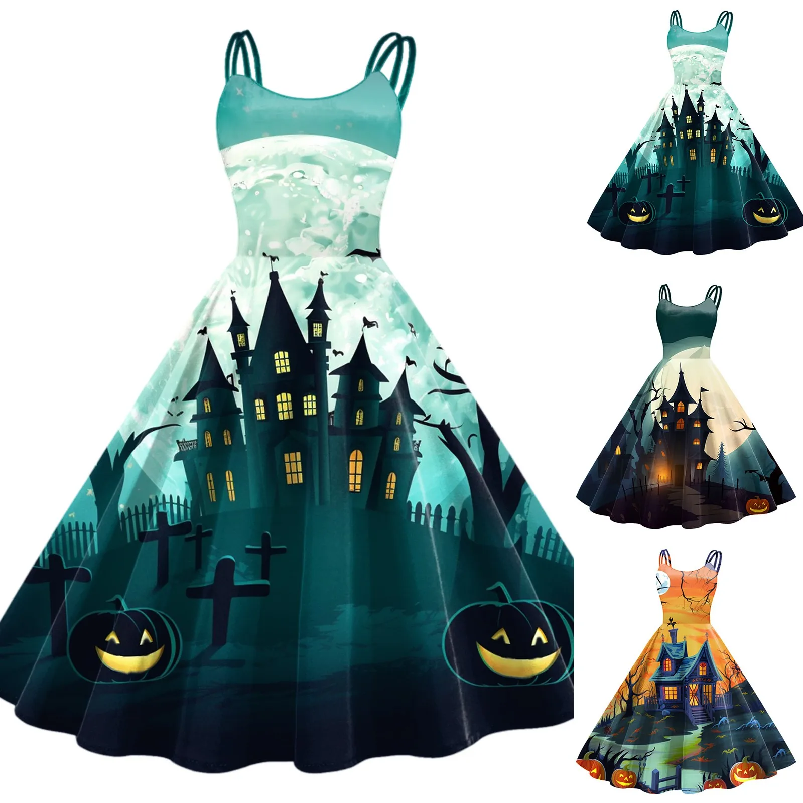 

Women Halloween Print Sleeveless 1950s Housewife Evening Party Prom Dress Skater Summer Dress Women