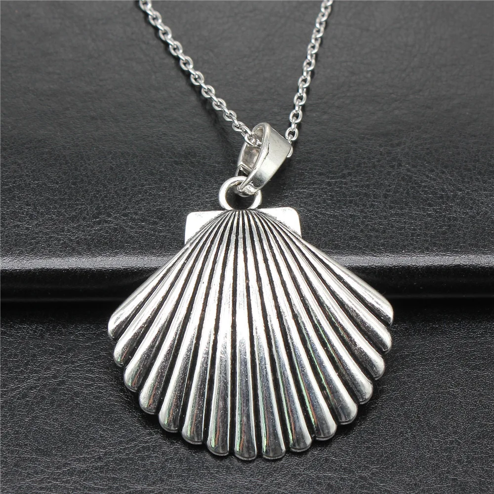 Ожерелье с кулоном в виде ракушки для мужчин и женщин, винтажное античное Серебряное колье большого размера 55x55 мм, длинная цепь, модные ювелирные аксессуары