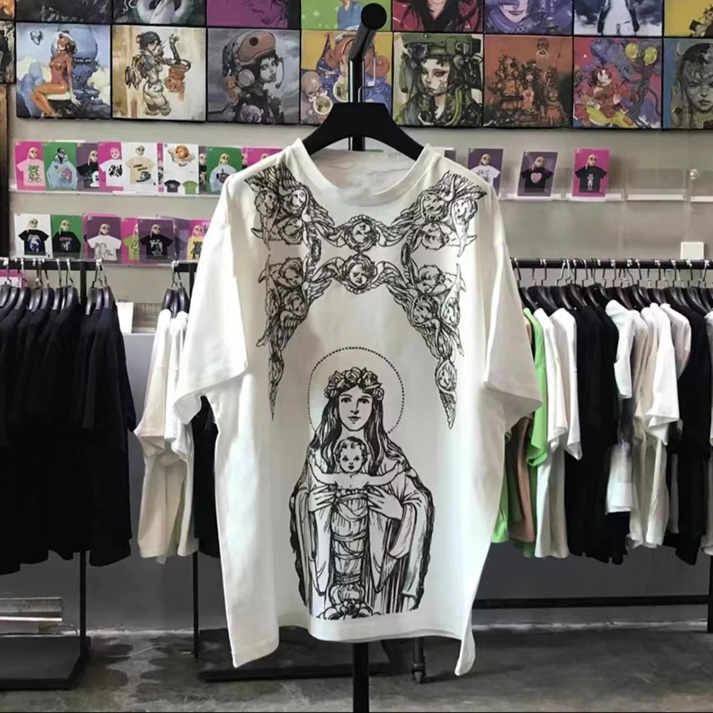 

Street Casual Short-sleeved T-shirt Summer Cotton Virgin Mary Hand-painted Printing Y2K Hip-hop Fashion Tatoo Top Men's Clothing