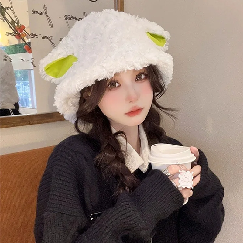 

2022 Fashion Autumn Winter Bucket Hat Lolita Sheep Cap with Ears Cute Girl Plush Fisherman Hat Outdoor Warm Panama Cap For Women
