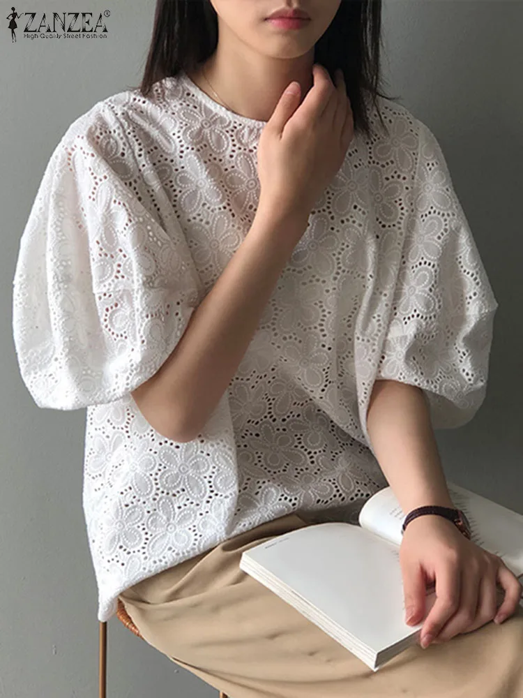 

ZANZEA Women Summer Short Sleeve Blouse 2023 Elegant Hollow Out Pullovers Oversized Casual Solid Loose Tops Blusas Chemise Femme
