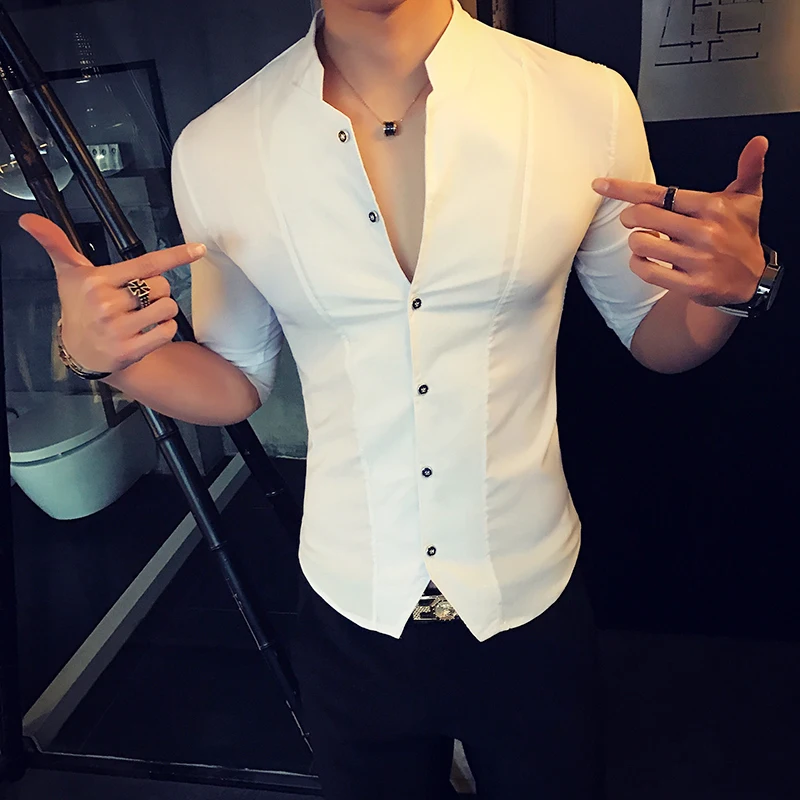 

Men's Short Sleeve Slim Shirt 2022 Summer New Hot High Quality Solid Color Casual Fashion Stand Collar Korean Half Sleeve Shirt