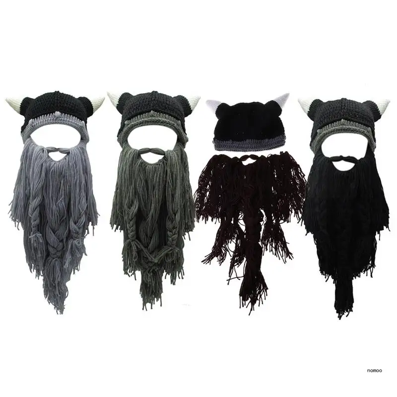 Вязаная шапка с бородой викинга и рогом для взрослых Сумасшедшая забавная