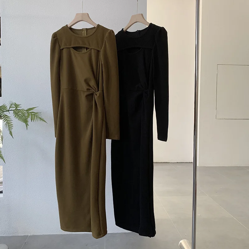 

Korean side pleated versatile kink dress for women in autumn and winter, new style, split waist, A-line medium length skirt