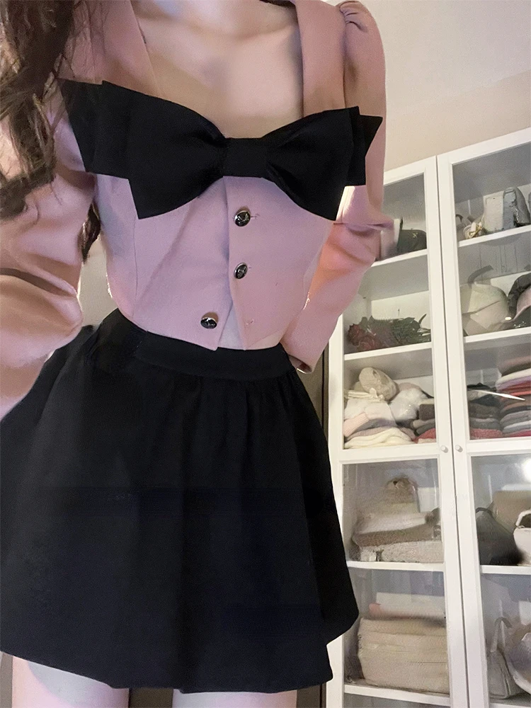 

Женский костюм из 2 предметов, элегантный костюм в Корейском стиле с бантом и длинным рукавом, короткая кардгейская + однотонная Повседневна...