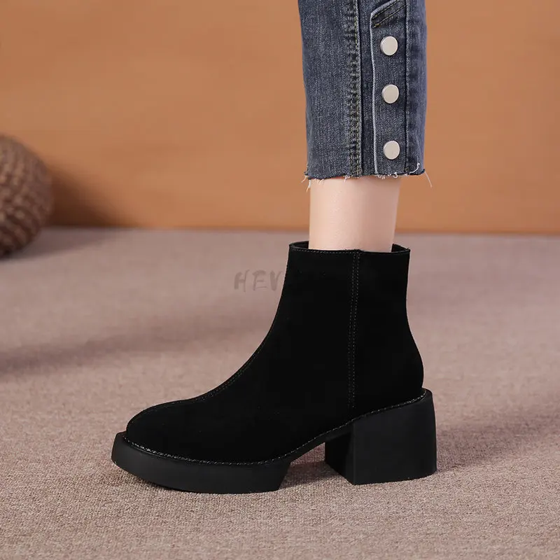 2023 Thick Heels Women Ankle Boots Mature Concise Cow Suede Leather Shoes Woman Autumn Winter Office Ladies Casual Classic