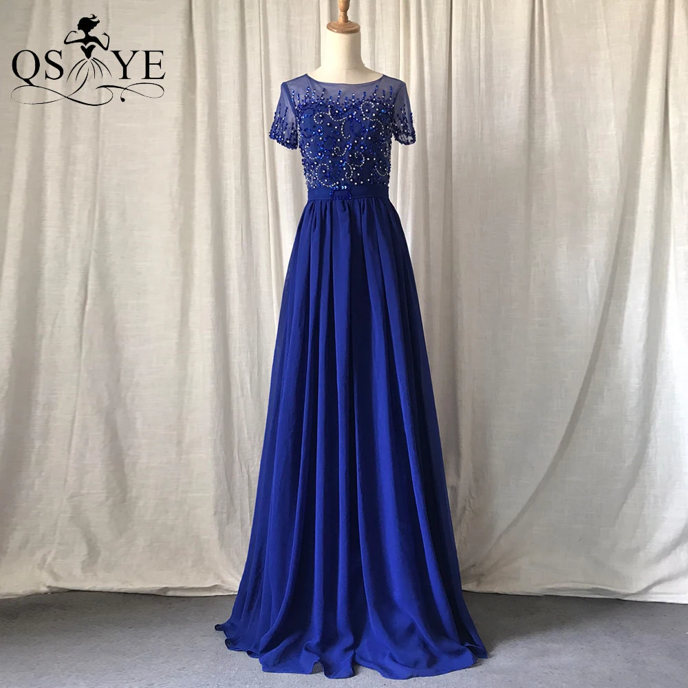 

QSYYE Royal Blue Evening Dresses A line Beaded Illusion Bodice Scoop neck Prom Gown Short Sleevs Navy Woman Party Formal Dress