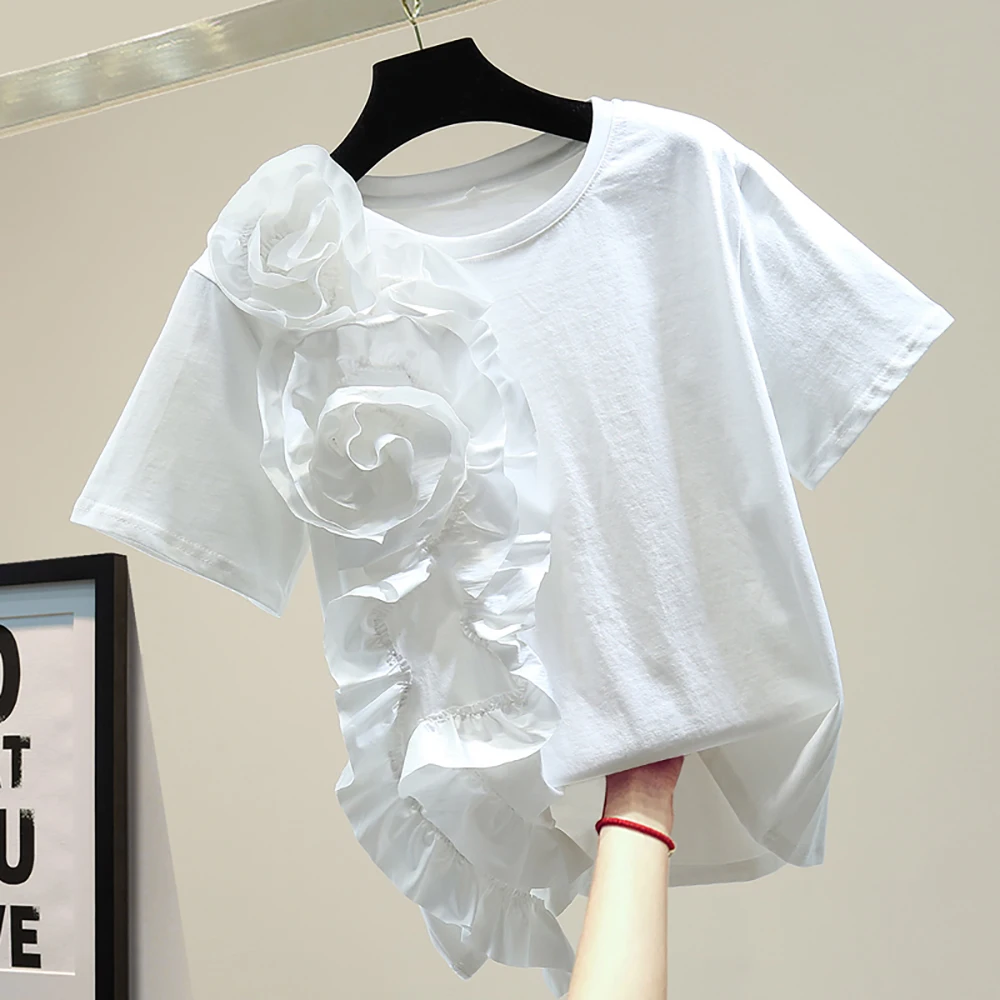 

Summer Elegant Flower Patchwork Ruffles Cotton T-Shirt Women Fashion Casual Appliques Straight O-Neck Short Sleeve White Tops