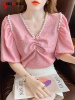 womens beaded v neck pleated pearl short puff sleeve pink shirts 2022 summer new chic beautiful ladies pullover solid color top