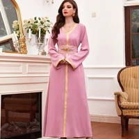 wepbel pink v neck abaya muslim dress women long sleeve ribbon islamic clothing robe rhinestone belt temperament long dress