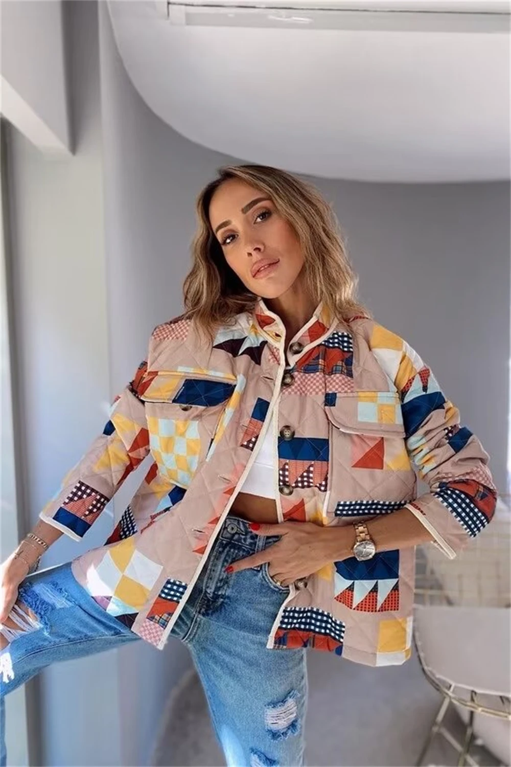 

Куртка женская стеганая с длинным рукавом, модная верхняя одежда в стиле пэчворк, Свободное пальто, Осень-зима