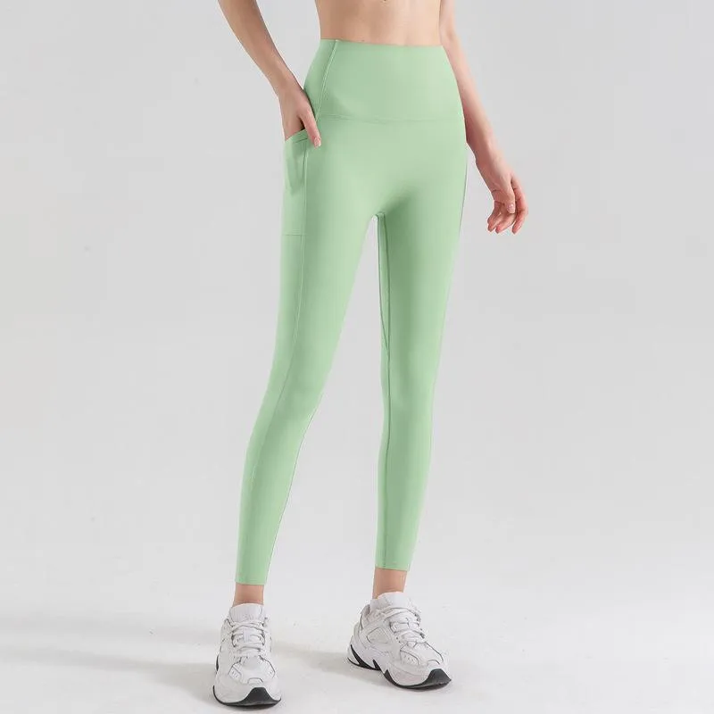 Solid Color Women Fitness Yoga Leggings Soft Gym High Waist Sports Pants Jogging Comprehensive Training Breathable Side Pockets