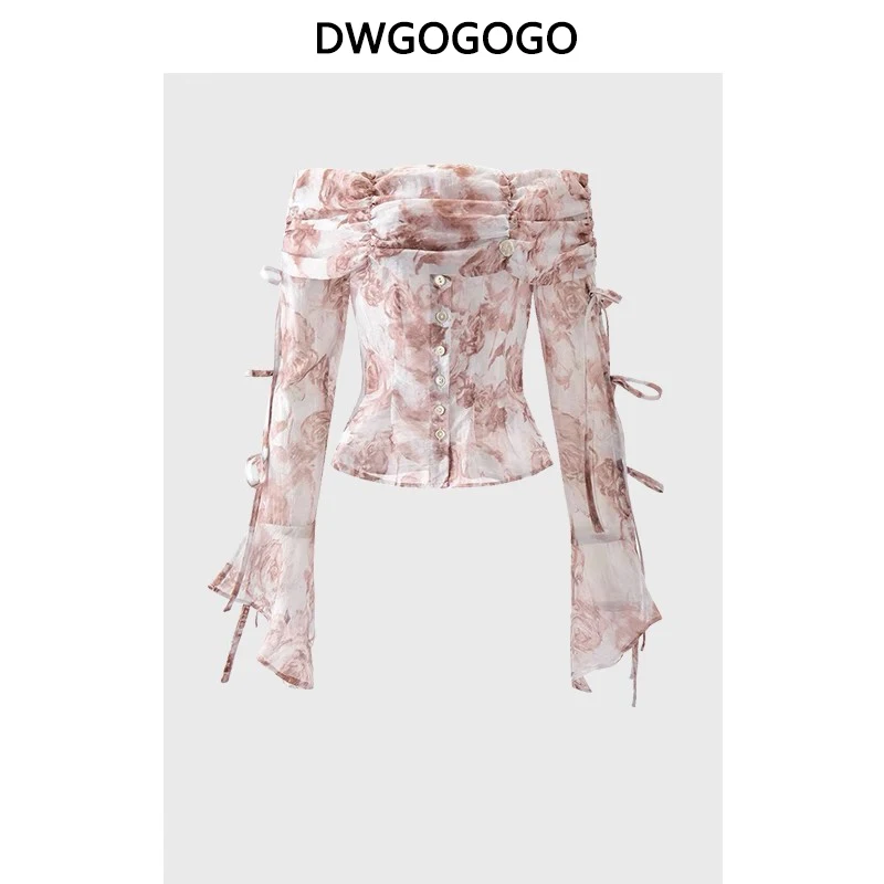 

French Print Tops Fashionable sweet Shirt 2023 Slash Neck Leisure Streetwear Autumn Stylish Club Design