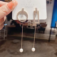 asymmetric rhinestones pearl tassel drop earrings for women gold color rectangle round zircon stud earrings 2022 jewelry wedding