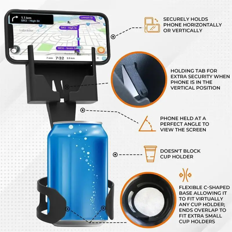 

2 In 1 Car Water Cup Phone Holder Stand Anti-falling Support Black Cup Holder Auto Smartphones GPS Navigation Bracket