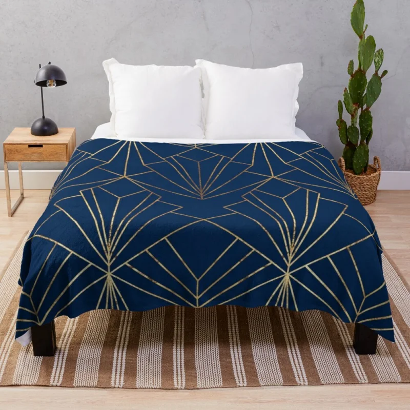 Art Deco in Navy Blue - Large Scale Throw Blanket semi-toral blanket
