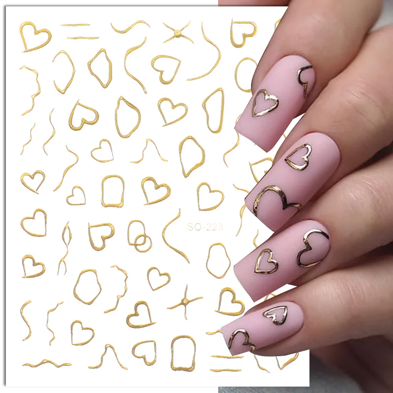 

3D Gold Love Nail Stickers Holographic Laser French Irregular Lines Heart Self-adhesive Sliders Decals DIY Manicure Decorations