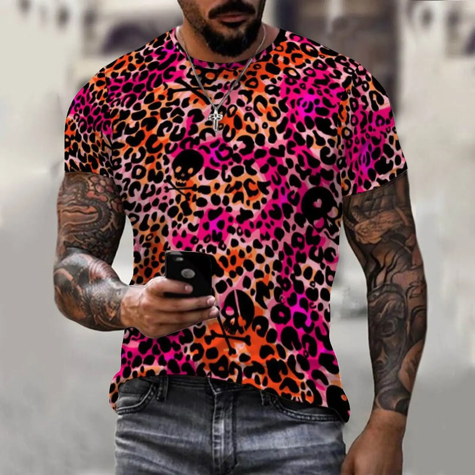 

New Trend Fashion Hip Hop Street 3D Printing Leopard Pattern Men's Personalized Clothing T-shirt Summer Casual Top Short Sleeve。