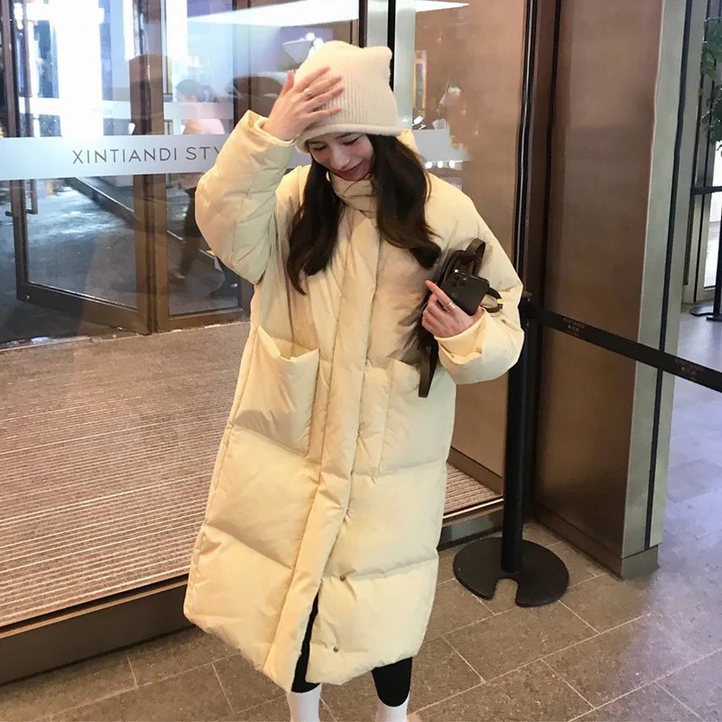 Stand Collar Long Down Jacket for Women Winter New Parkas Solid Big Pocket Thicker Warm Outerwear Females Cotton Padded Coat