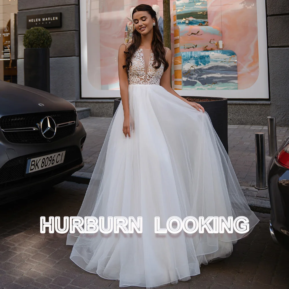 

HERBURN New Arrival Wedding Dresses O-Neck Sleeveless Tulle Attractive Made To Order Vestidos De Novia Brautmode Robe Mariee